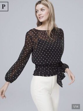 White House Black Market Black Polka Dot Blouse with tie at waist